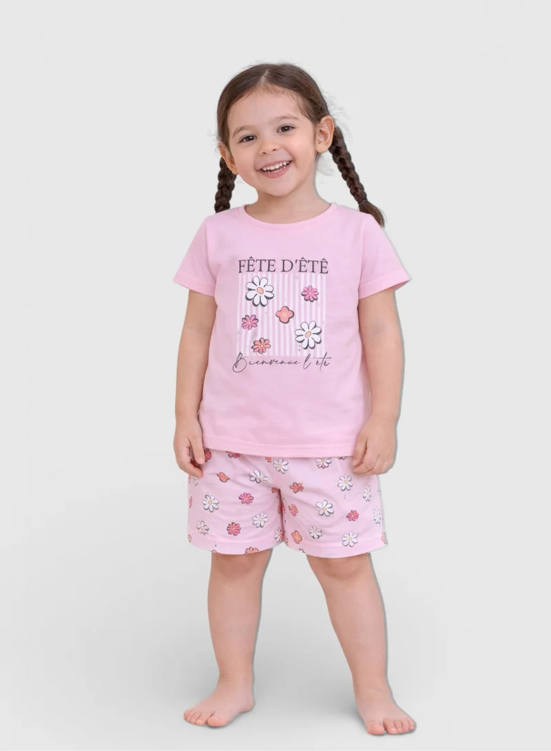فكتور اند جين Girls Floral Print Cotton Pajama Set – T-Shirt & Shorts Nightwear